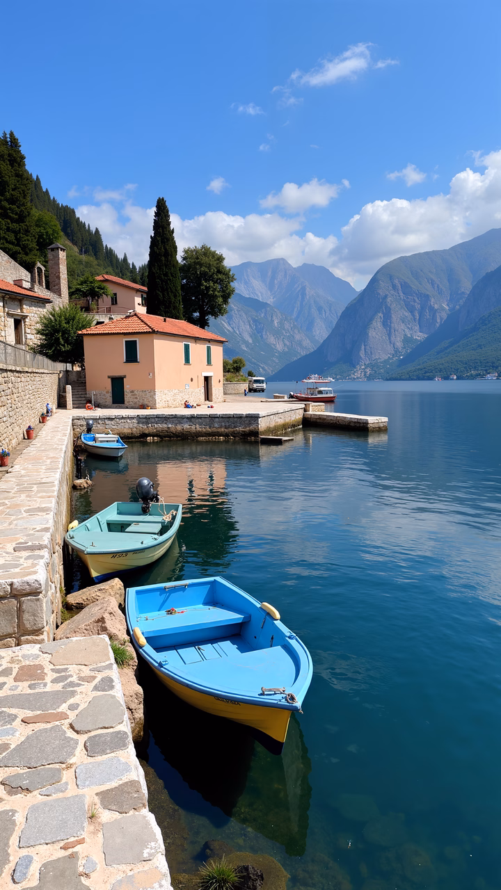 Peaceful lakeside scene with boats and mountains in the background.