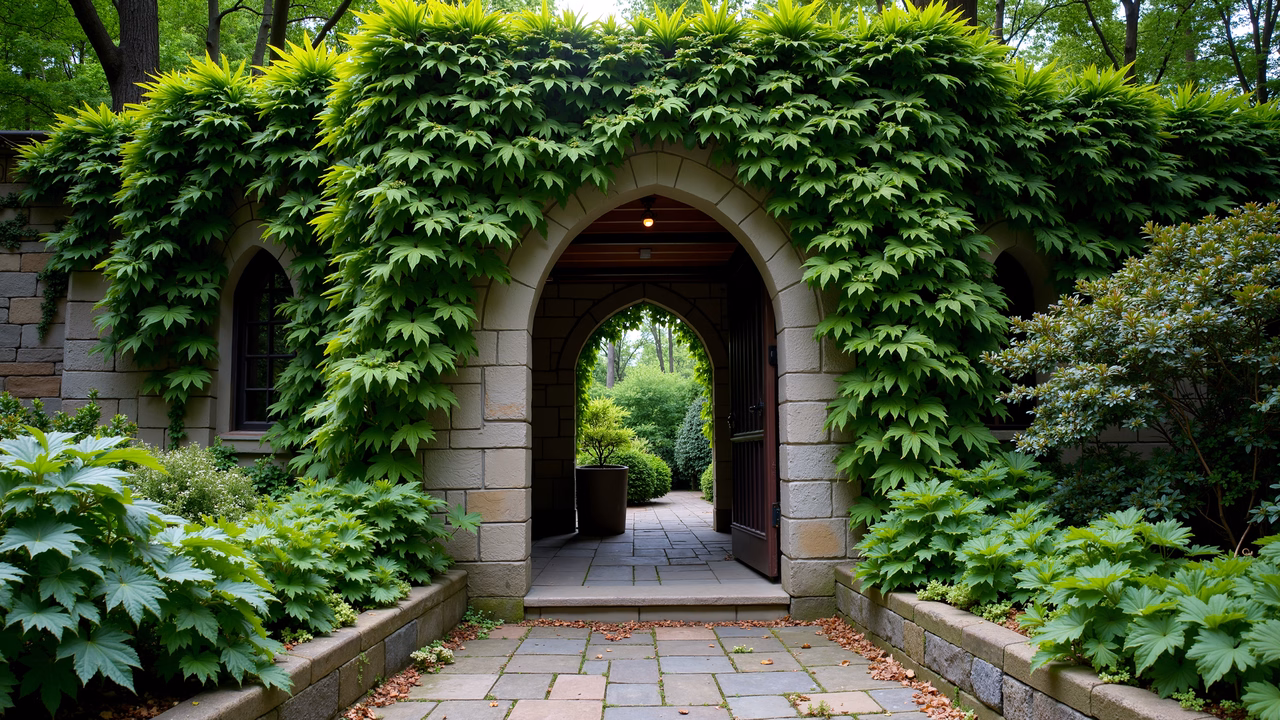 A picturesque garden archway surrounded by lush greenery and stone walls, inviting tranquility.