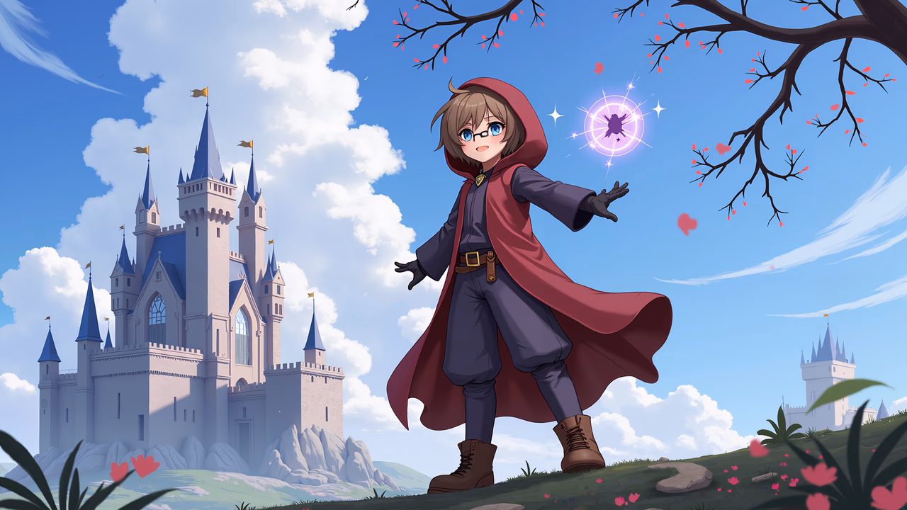 A young sorcerer casting a magical spell in front of a grand castle, surrounded by blossoms and a whimsical atmosphere.