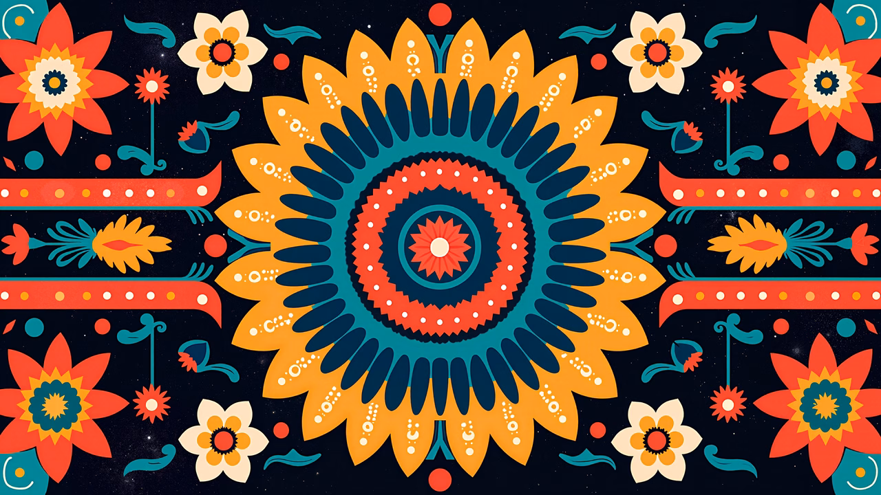 Vibrant mandala floral illustration with bold colors and intricate details.