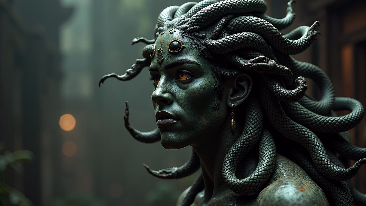 Mysterious Medusa in a foggy alleyway
