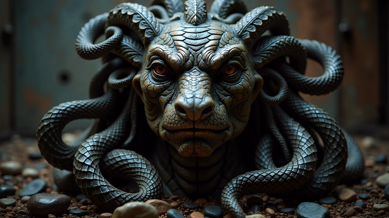 Detailed Medusa statue illustration with intricate textures and muted earth tones.