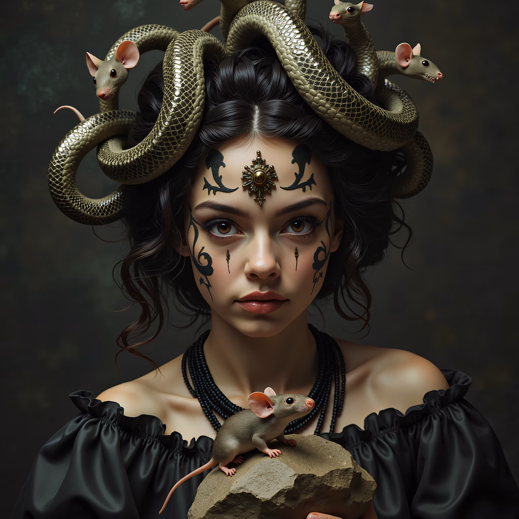 Dark fantasy illustration featuring Medusa with serpents and a whimsical rat.