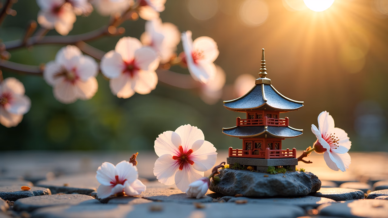 Miniature pagoda amidst cherry blossoms under golden sunlight.