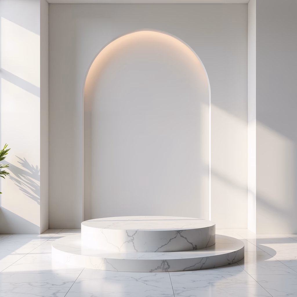Elegant minimalist marble podium with soft lighting and clean lines, perfect for interior design settings.