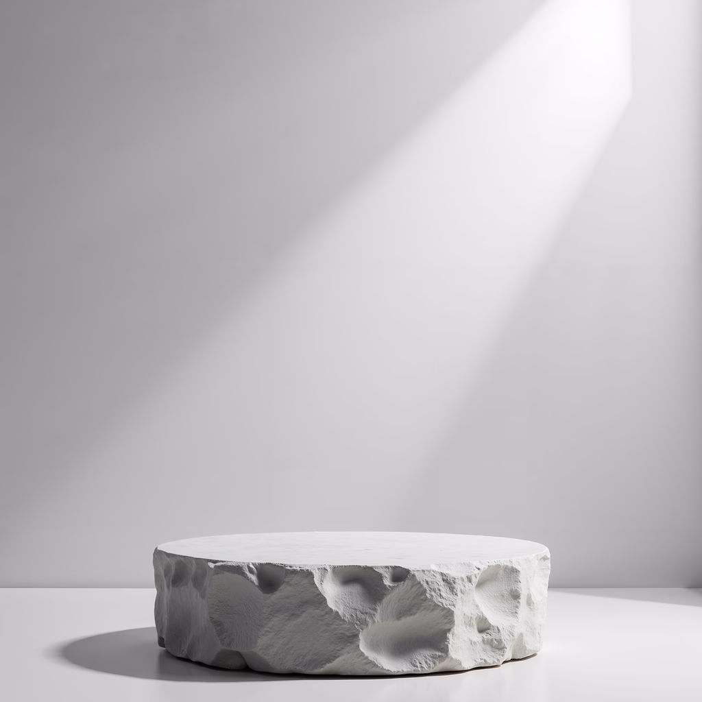 Minimalist podium with diagonal light, stark white background, modern elegance.