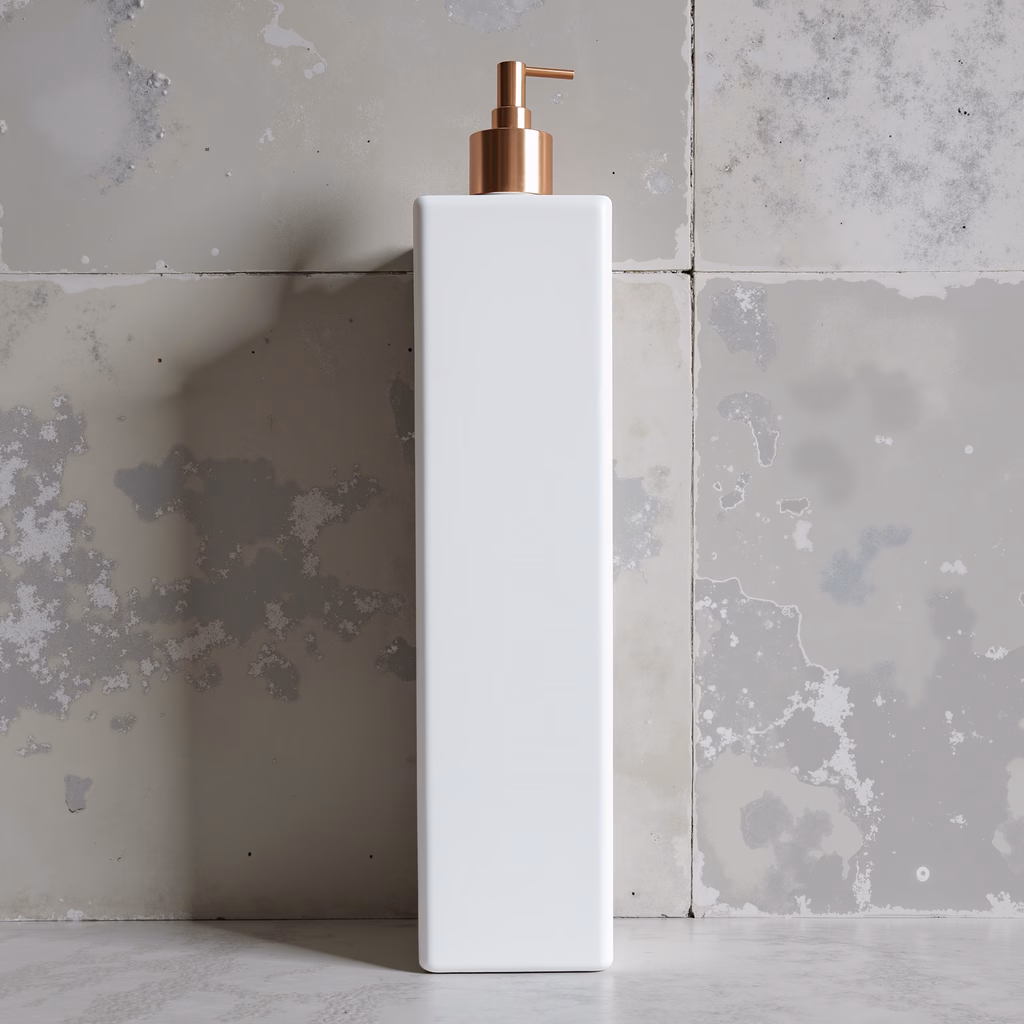 Minimalist soap dispenser against textured concrete wall, elegant simplicity, diffused light, serene atmosphere.