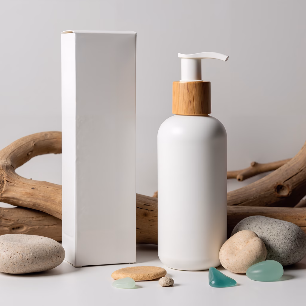 Minimalist soap dispenser with natural stones on a neutral background.