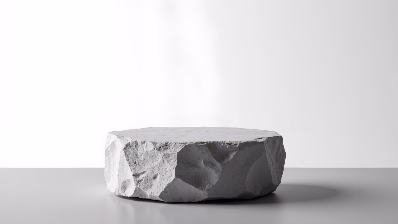 Minimalist stone platform on a reflective surface, evoking serenity.