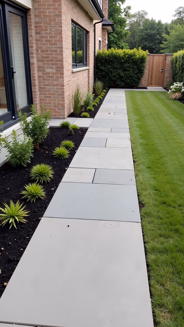 A peaceful garden path leading through a landscaped lawn and mulched garden bed.