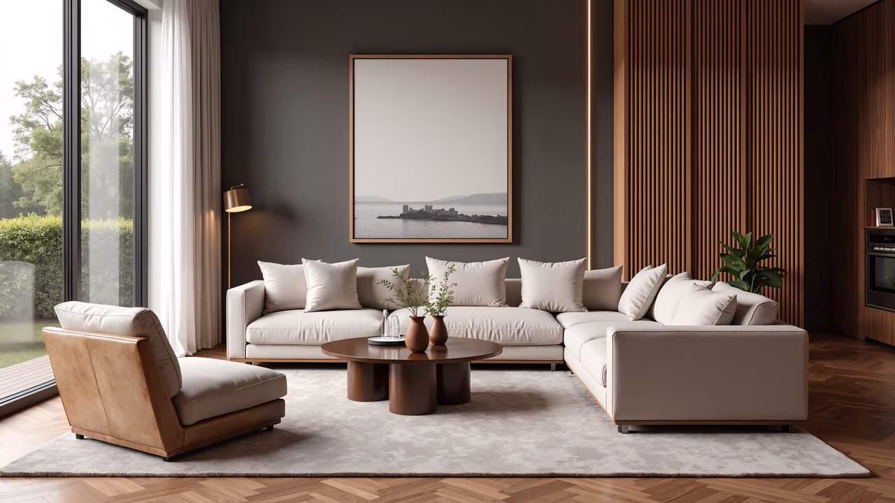Modern living room with neutral tones and coastal artwork.