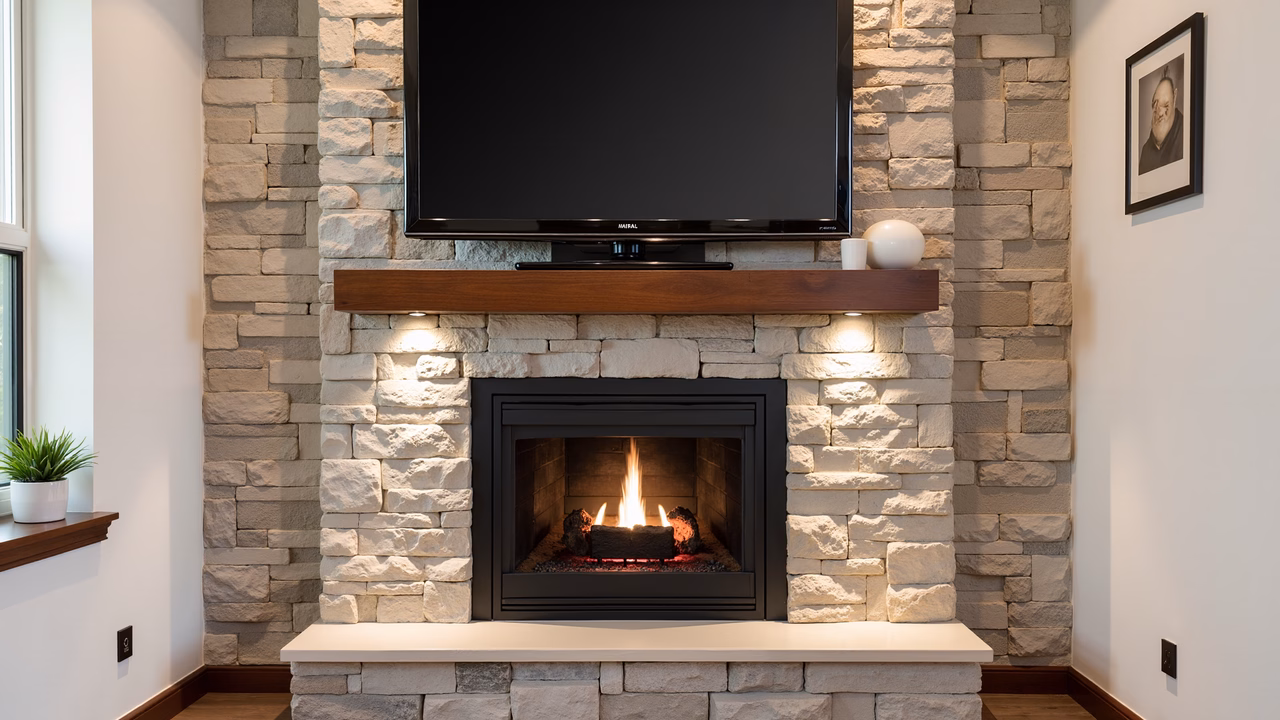 Modern stone fireplace with a sleek black frame and a warm fire, contemporary living room design.
