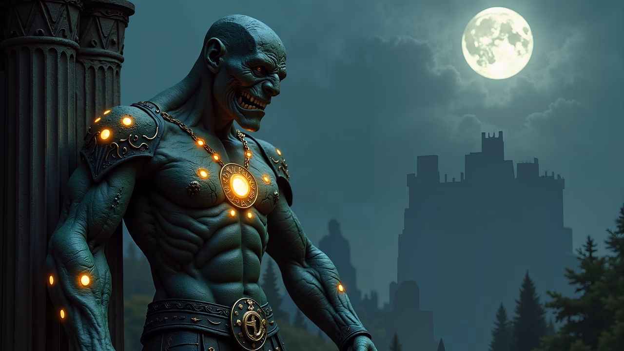 A menacing green guardian stands by a column under a full moon, guarding a gothic castle.