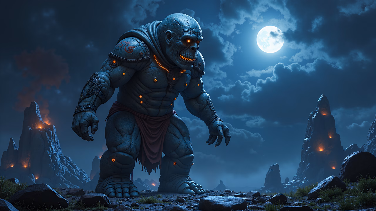 A guardian monster under a full moon, standing amidst fiery mountains.