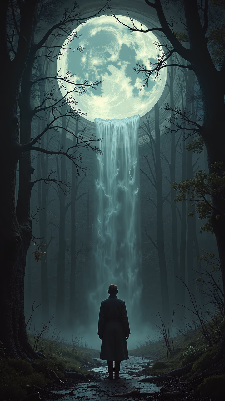Solitary figure in a misty forest under a full moon, looking at a surreal waterfall.