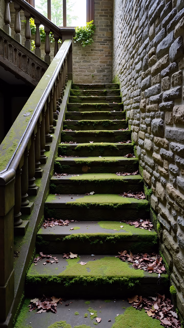 Vibrant moss-covered staircase with autumn leaves and soft natural light.