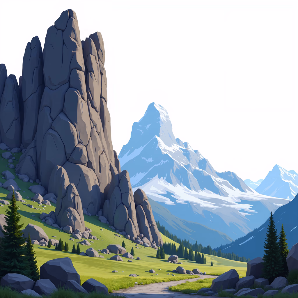 A peaceful mountain landscape with rugged peaks and verdant meadows.