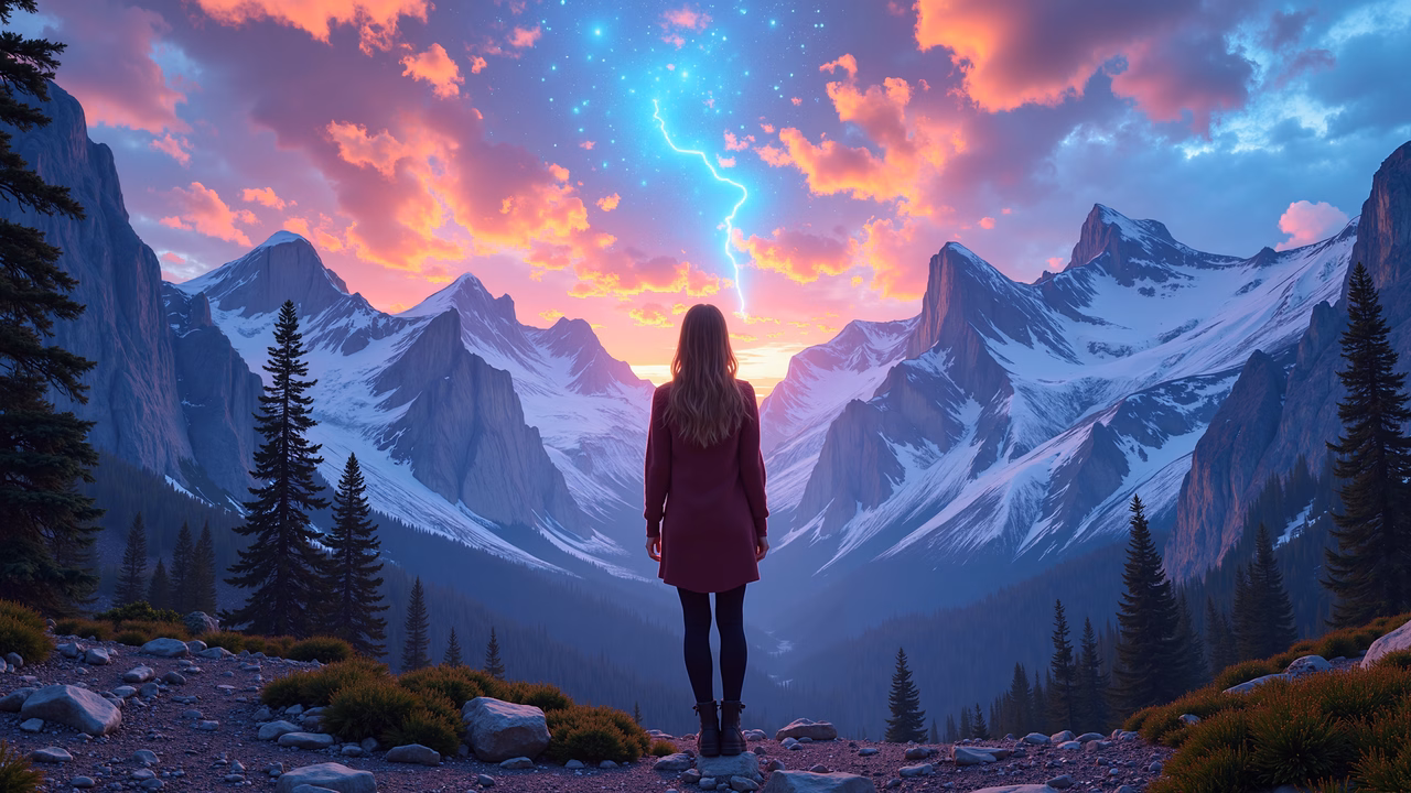 A solitary figure admires a dramatic mountain landscape under a colorful sky with lightning.