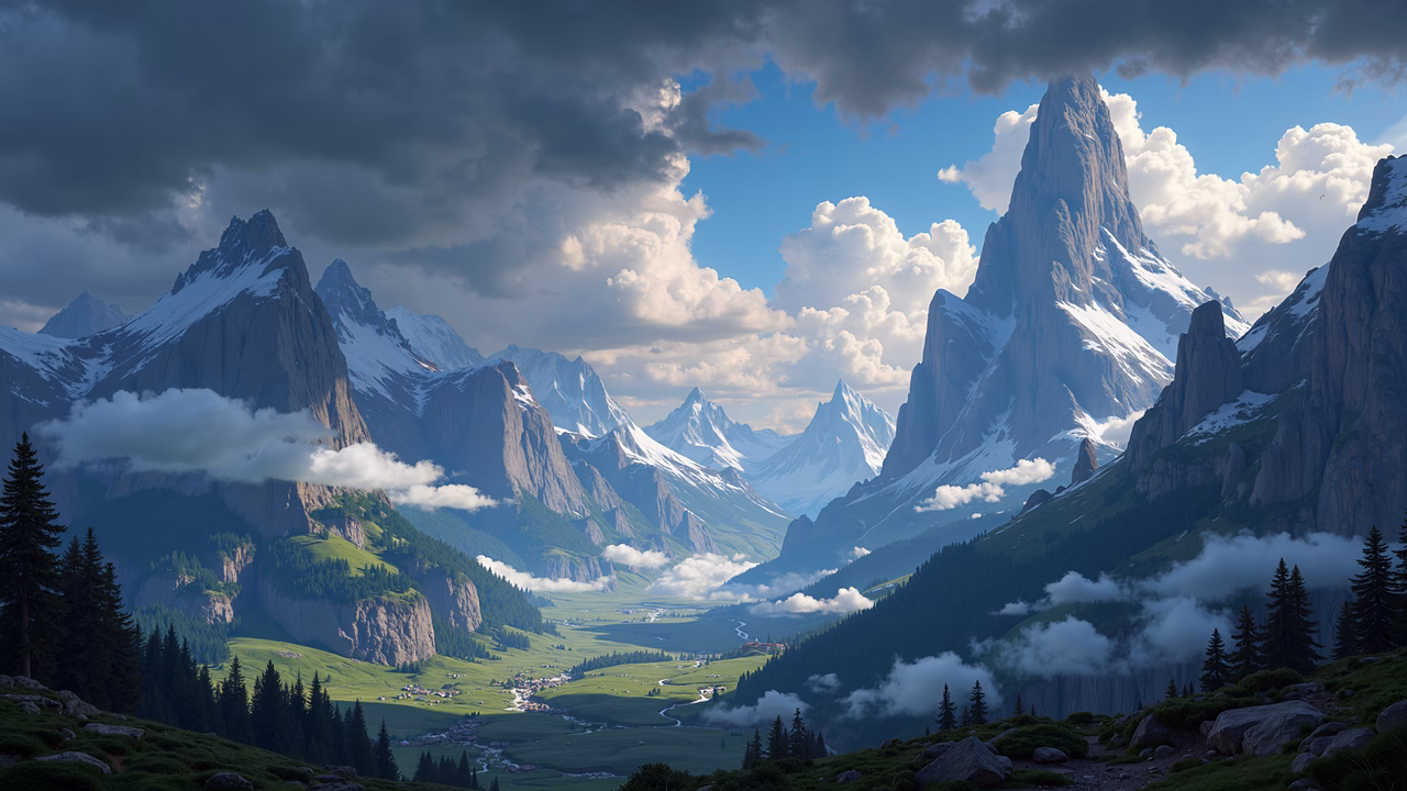 Epic mountain landscape with dramatic sky and lush valleys.