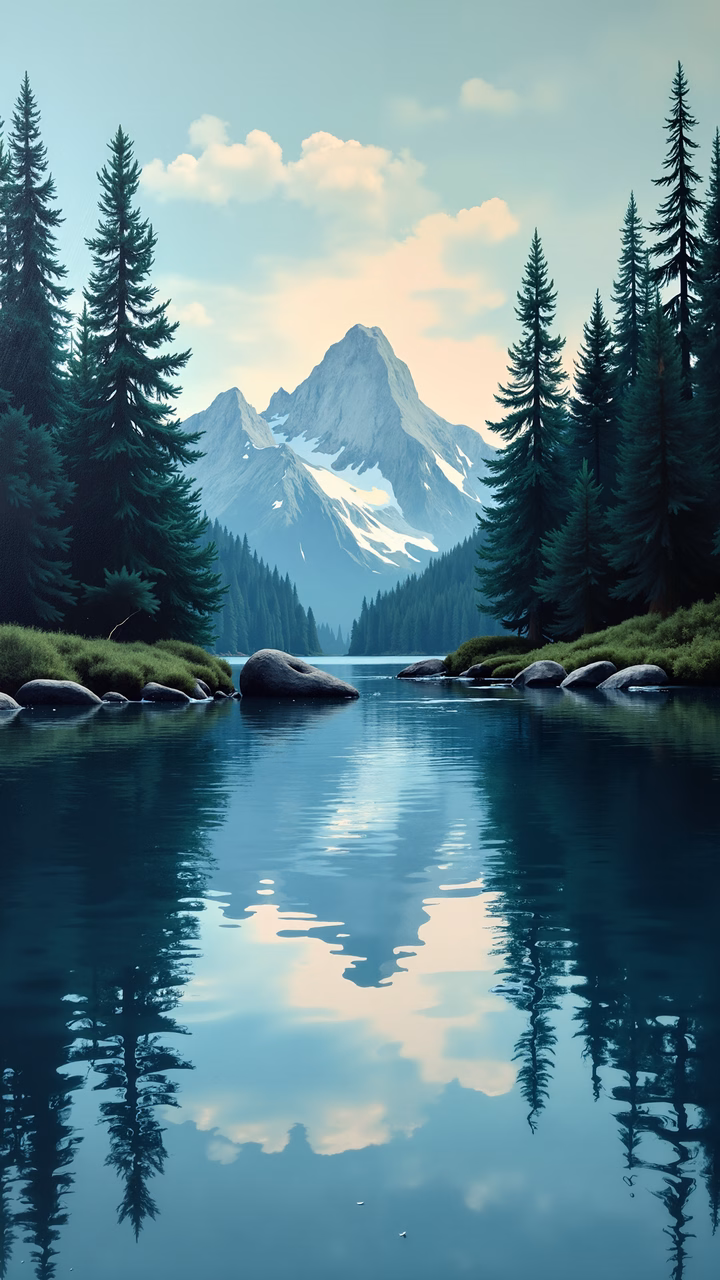 A tranquil mountain landscape with evergreen trees and a reflective lake under a cloudy sky.