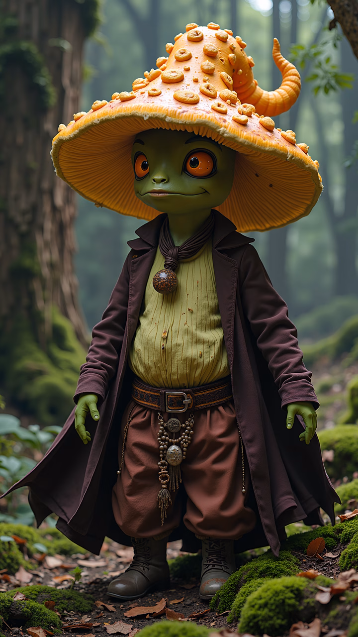 Whimsical fantasy character with mushroom hat in a lush forest setting.