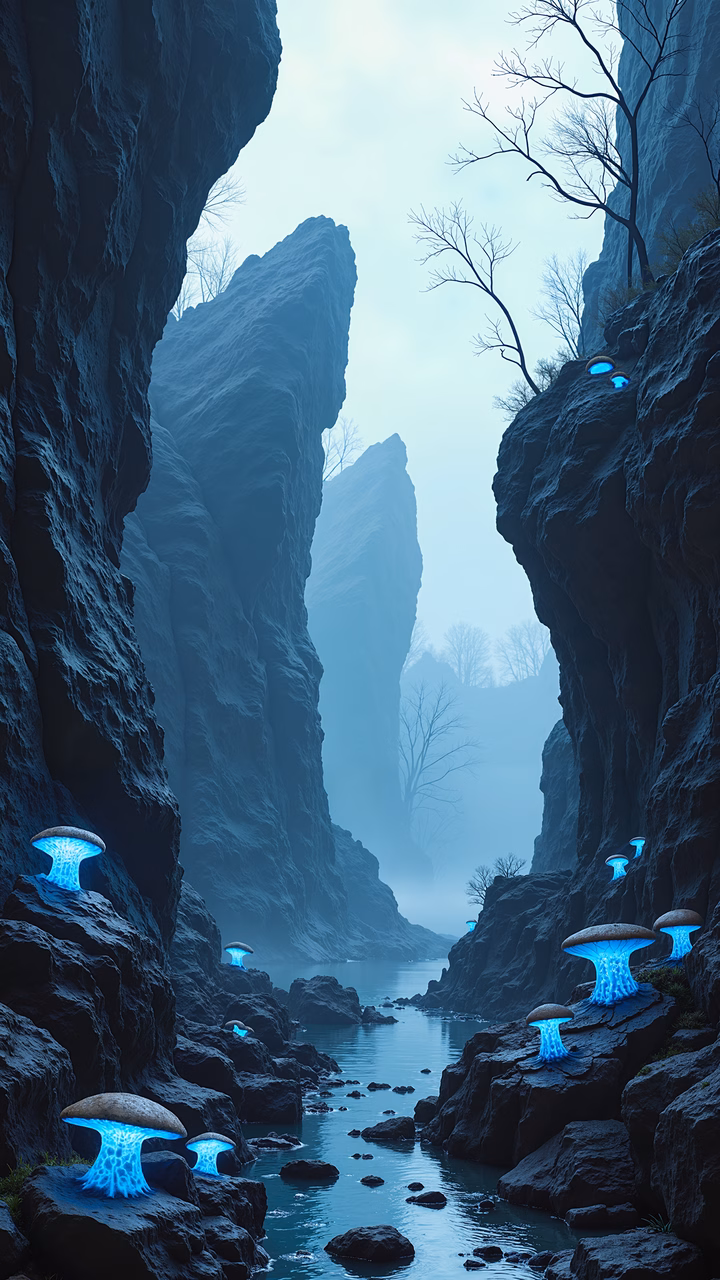 Glowing mushrooms in a misty canyon, blending fantasy and mystery.