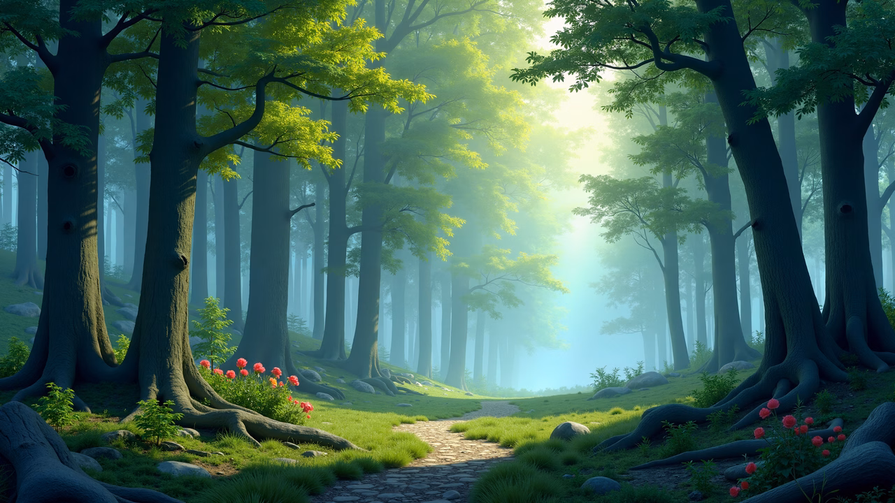 A mystical forest scene with tall trees and a winding stone path, bathed in soft morning light.