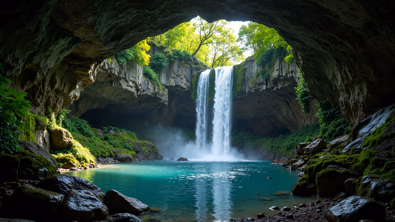 A breathtaking natural waterfall framed by a moss-covered cave, perfect for nature lovers and photographers alike.