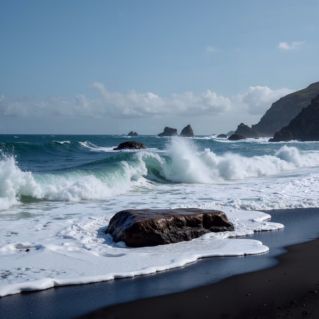 Ocean waves crash onto a black sand beach, creating a striking contrast of colors and textures.