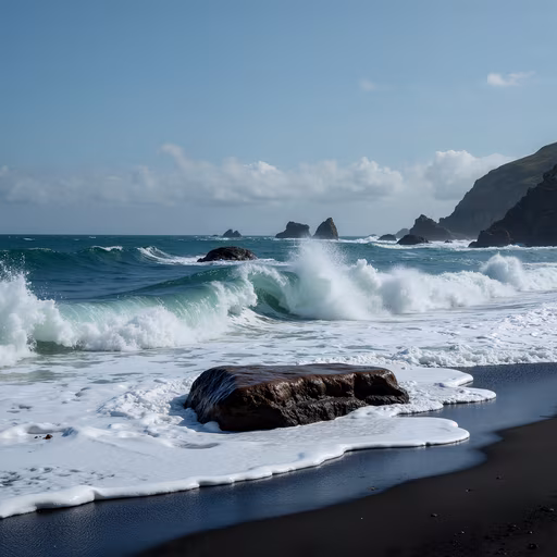 Ocean Waves Crashing on Black Sand