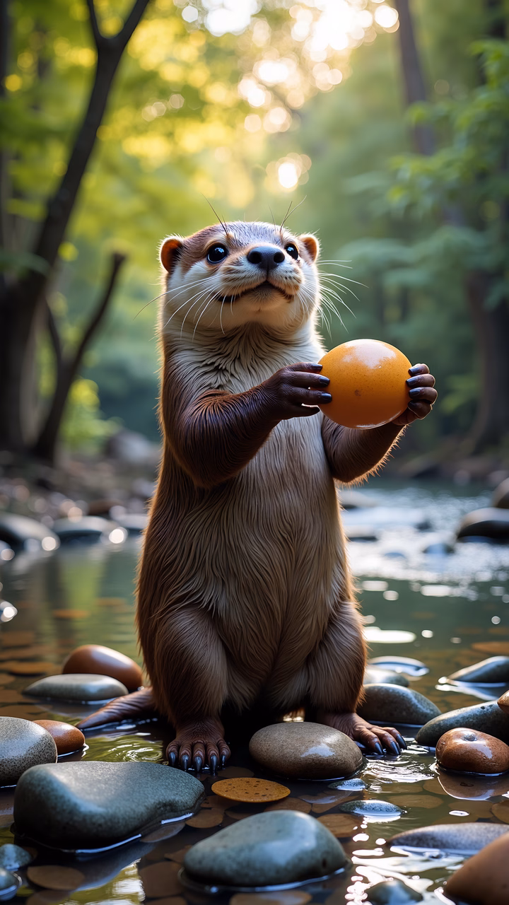 Whimsical otter holding an orange in a tranquil forest setting.