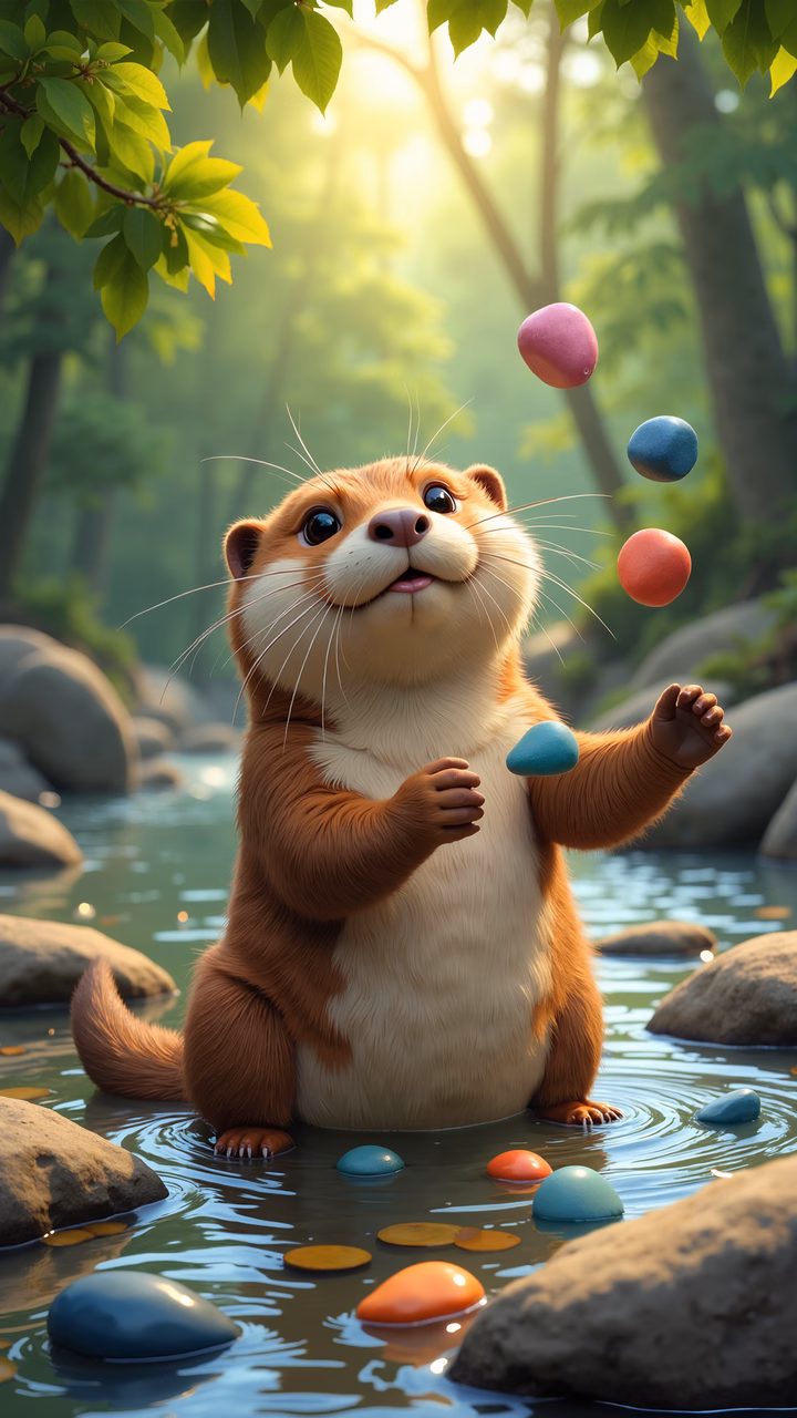 A cute otter juggling colorful balls in a tranquil forest setting.
