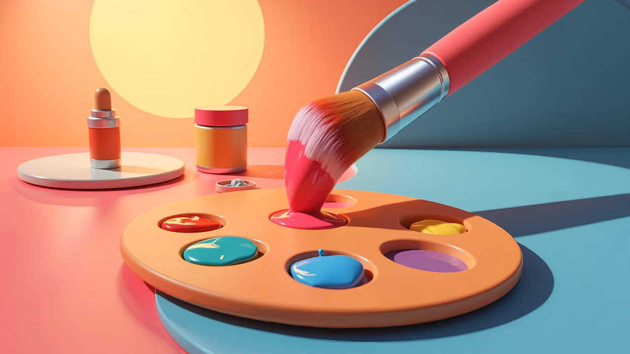 Vibrant paint palette illustration with a brush and colorful paints.