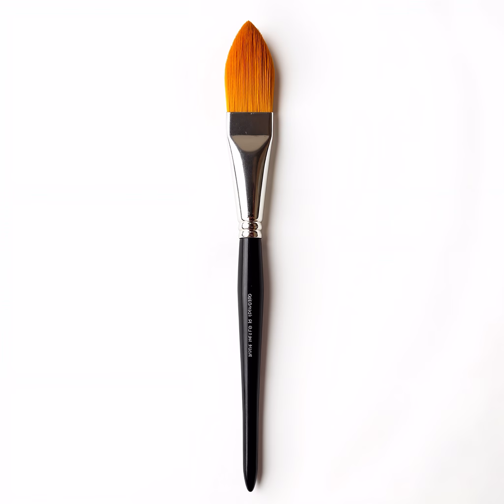 Minimalist illustration of a sleek paintbrush with a black handle and orange bristles.