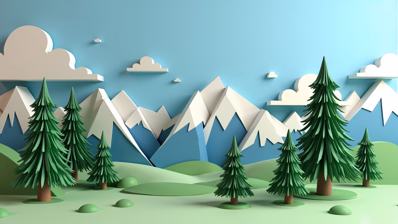 A charming paper-cut landscape with vibrant green trees and serene mountains.