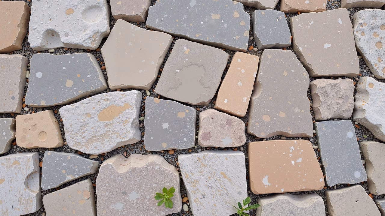 Close-up of textured pavement tiles with a small green plant growing among them.