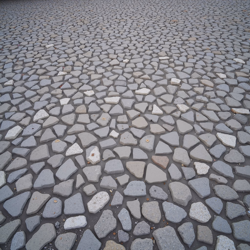 Close-up of a pebble pathway with textured stones in muted gray tones.