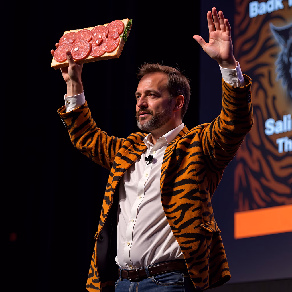 Man in tiger coat performs with giant pepperoni sandwich on stage.