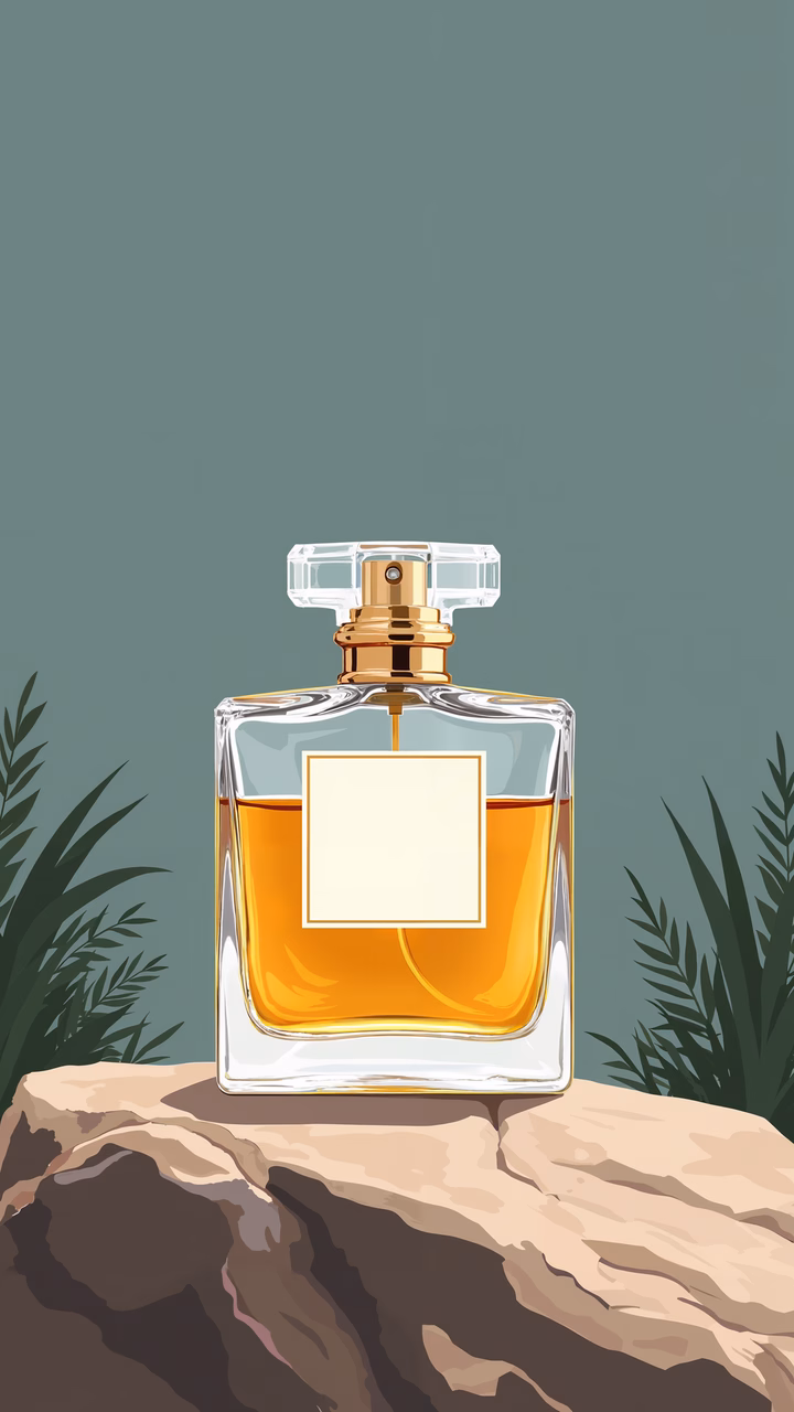 Elegant perfume bottle illustration with golden accents and natural textures.
