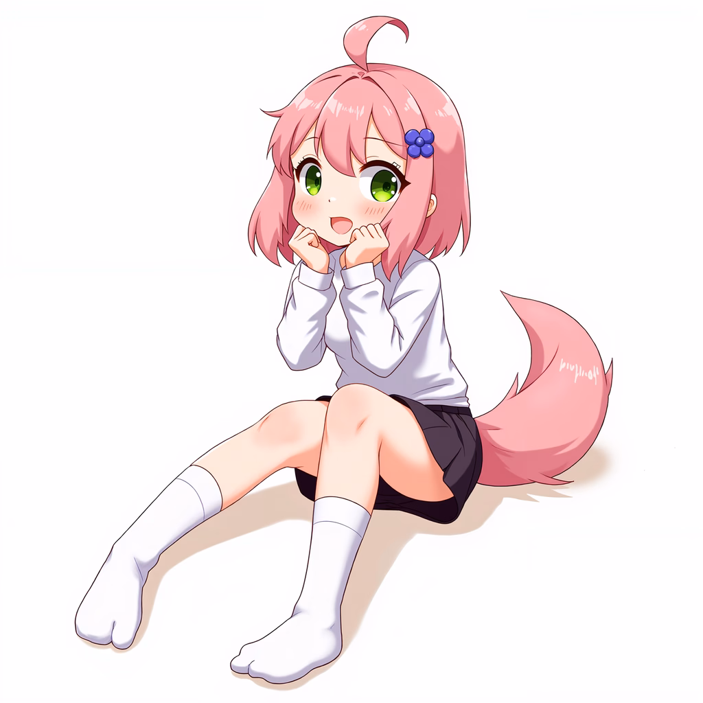Whimsical anime illustration of a pink-haired girl with a fox tail, exuding innocence and charm.