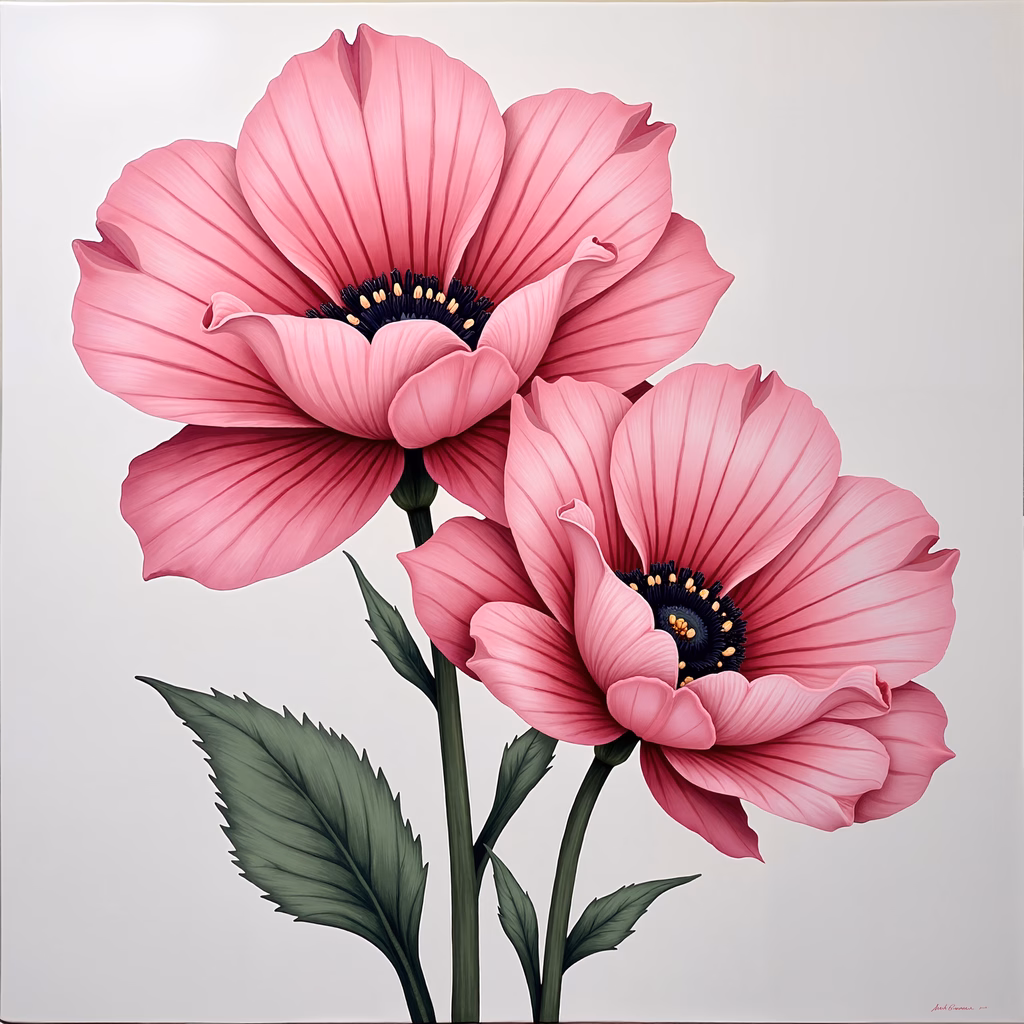 Vibrant pink poppies on a minimalist white background, evoking tranquility.