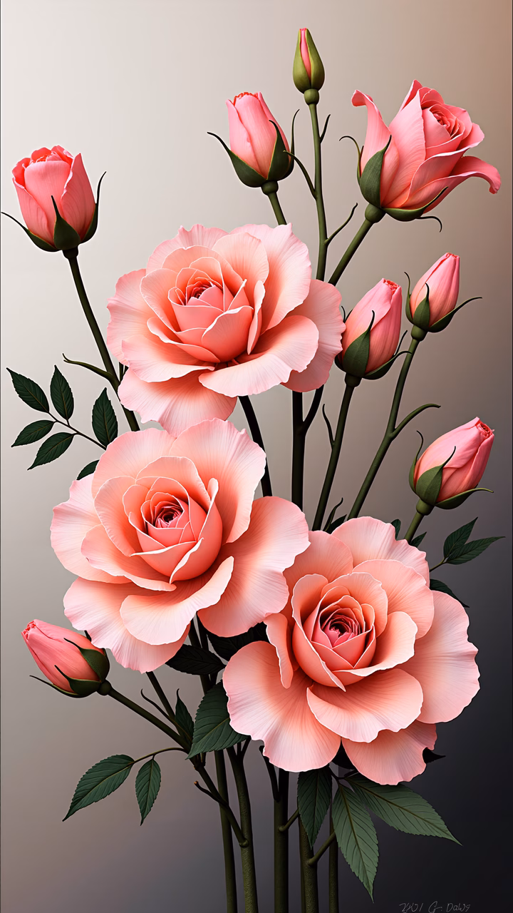 Detailed illustration of pink roses against a soft gradient background, evoking romance and serenity.