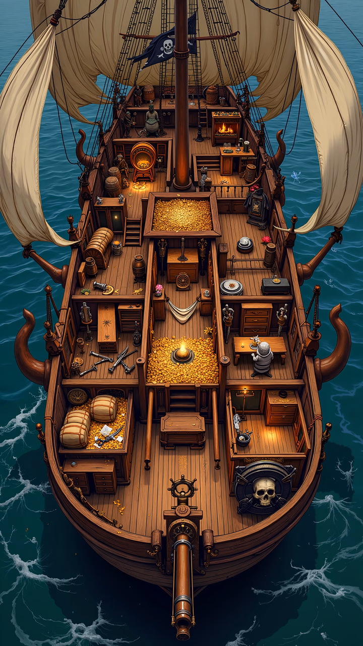 A pirate ship filled with treasure, set against a stormy sea.