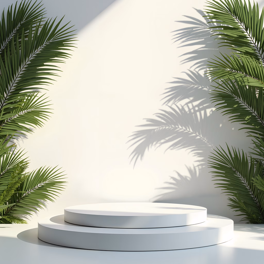 Minimalist podium with palm fronds in soft natural light.