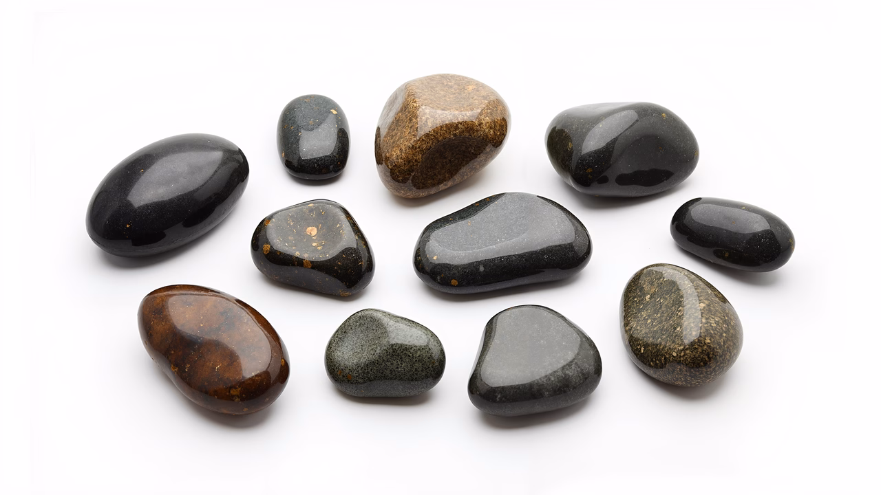 A collection of polished pebbles against a white backdrop, highlighting their natural textures and colors.