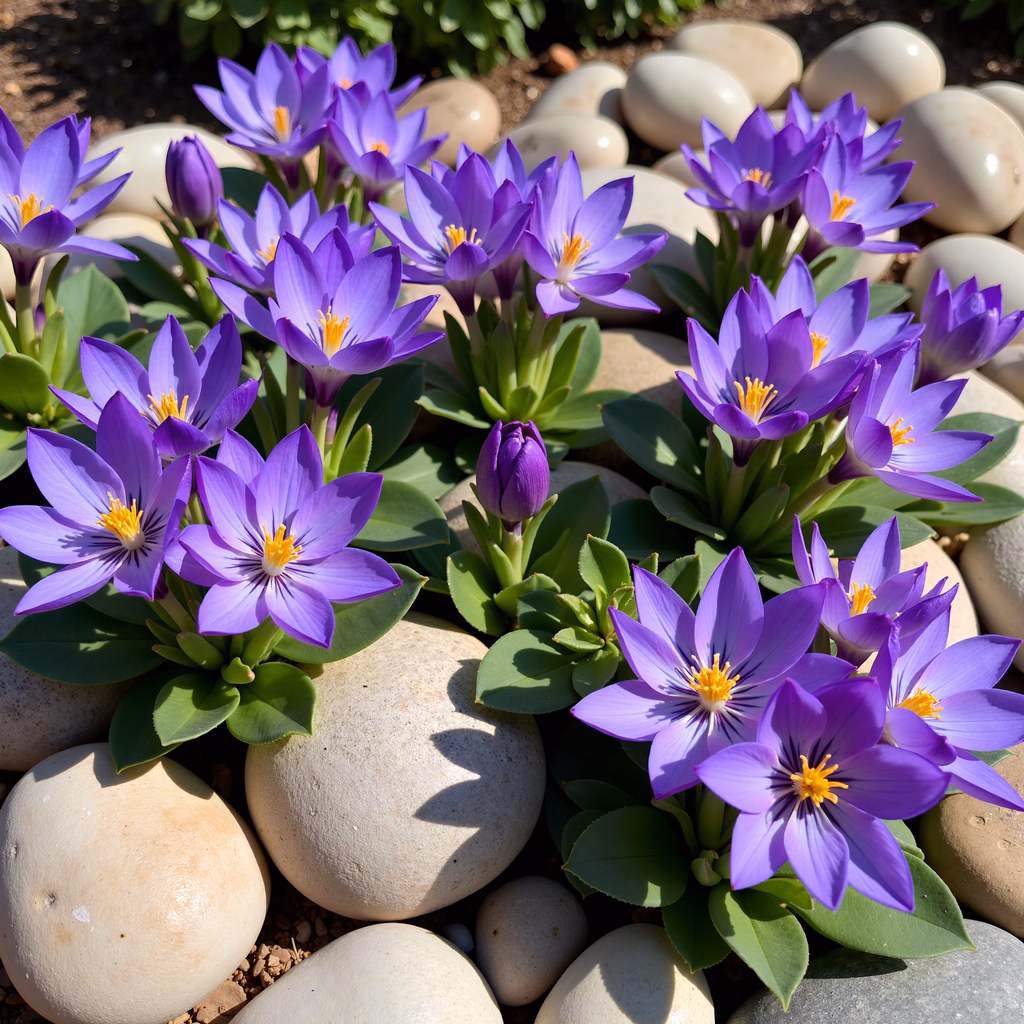 Vibrant purple crocuses bloom among smooth stones in a tranquil garden setting.