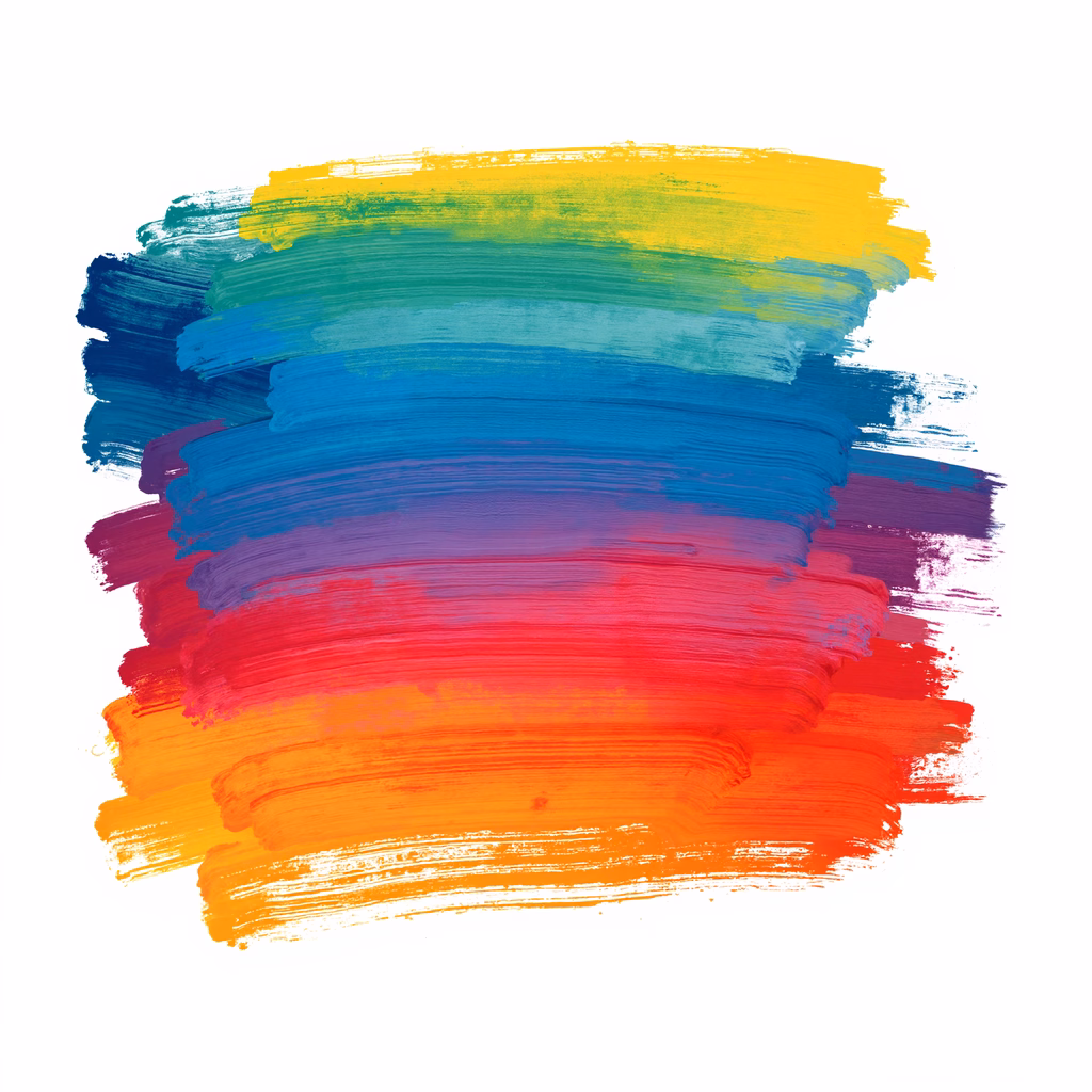 Vibrant rainbow brushstrokes create a joyful and creative atmosphere.