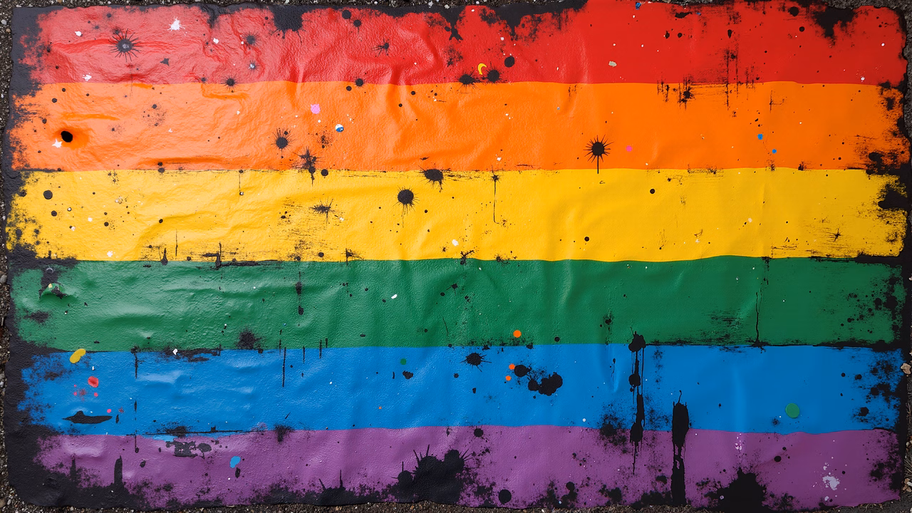 Bold rainbow flag with urban graffiti style