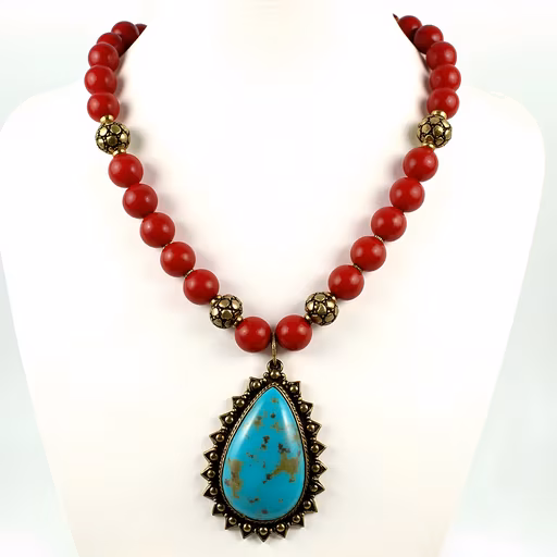 Red Beaded Necklace with Turquoise Pendant