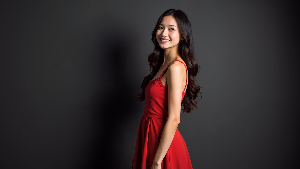 Radiant woman in a red dress against a dark backdrop, exuding confidence and warmth.